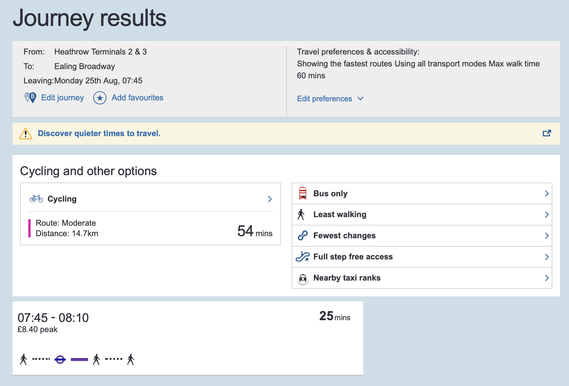 A screenshot detailing a trip from Heathrow Terminal 2 to Ealing Broadway