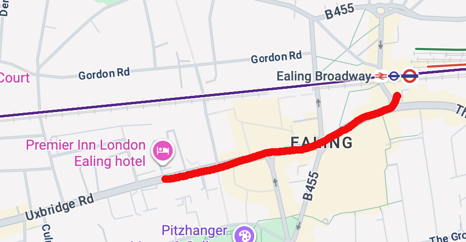 A map showing the path from Ealing Broadway Station to the Premier Inn