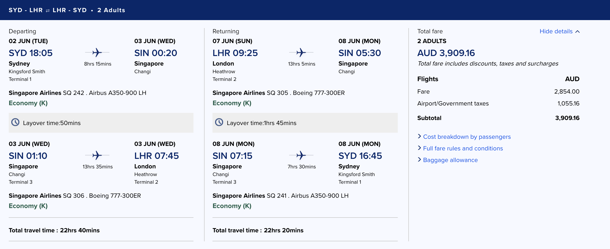 Screenshot of the Singapore Airline website, showing a flight for 2 people. The first flight runs between Sydney at 18:05, to Singapore at 0:20, and then to Heathrow London at 07:45. It also details a return flight.